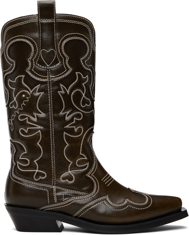 Photo: GANNI Brown Mid Shaft Embroidered Western Boots