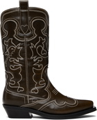 GANNI Brown Mid Shaft Embroidered Western Boots