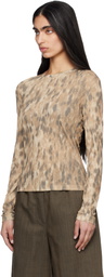 GANNI Beige Printed Marl Mesh Long-Sleeve T-shirt