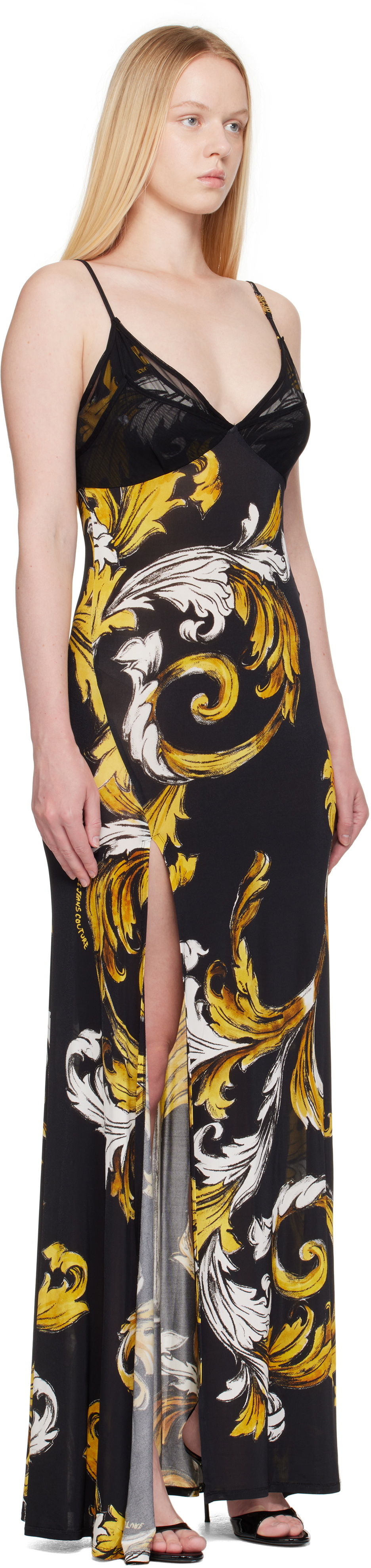 Versace Jeans Couture Black Outline Barocco Slip Maxi Dress