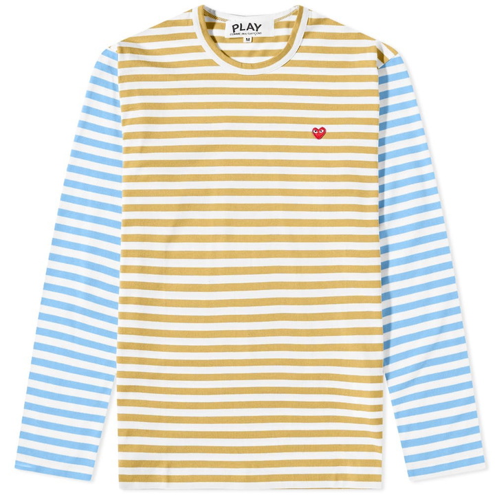 Photo: Comme des Garçons Play Men's Long Sleeve Stripe Bi-Colour T-Shirt in Olive/Blue