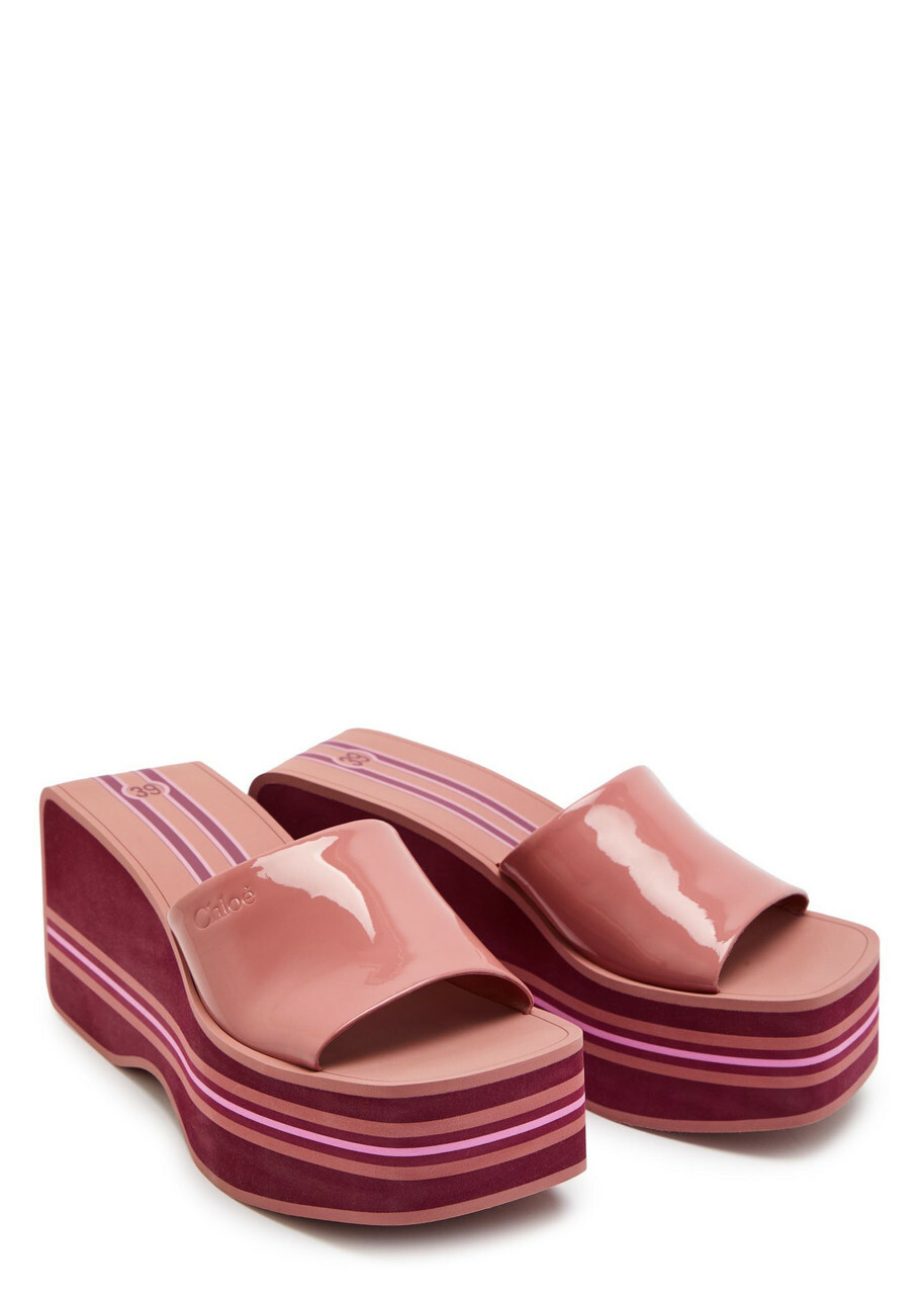 Chloe Swimming Cool 90 Striped Patent Leather Wedge Mules Pink