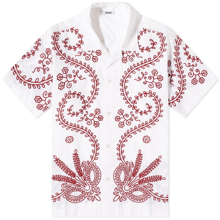 Photo: Bode Men's Pilea Embroidered Vacation Shirt in Red/White