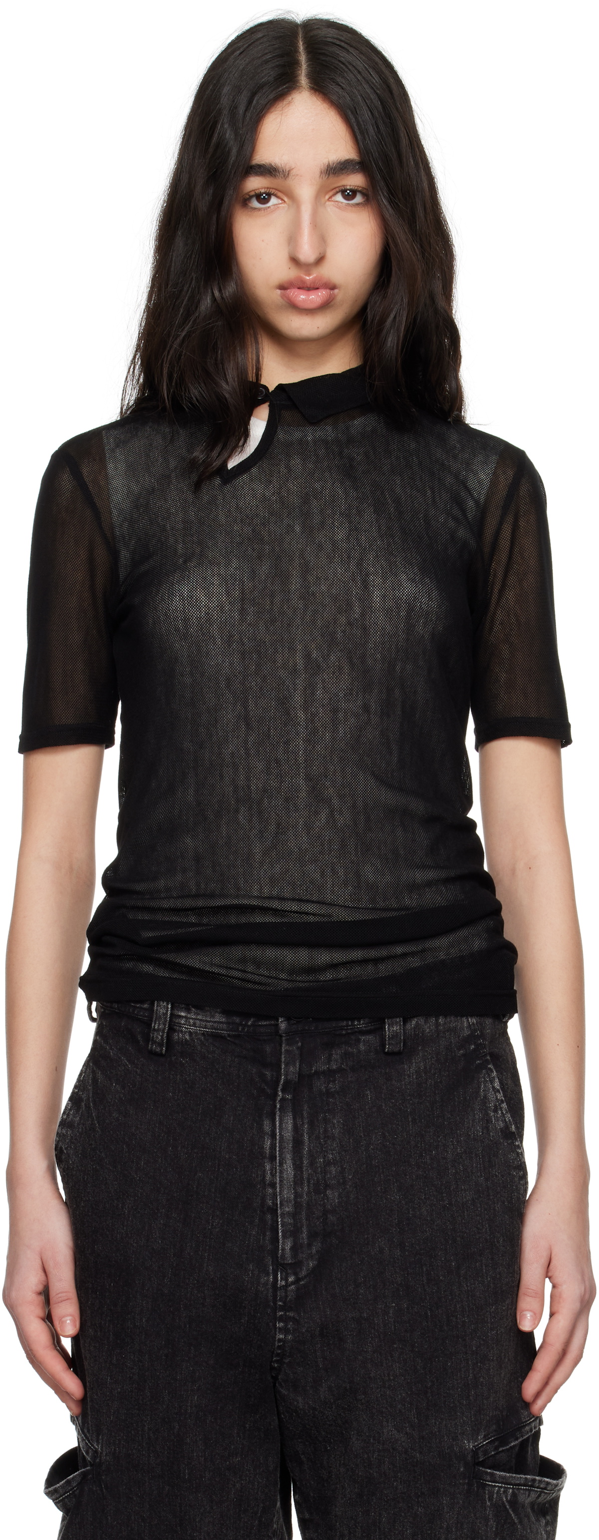 Y's Black Cellulose Tulle Short Sleeve Diagonal Polo
