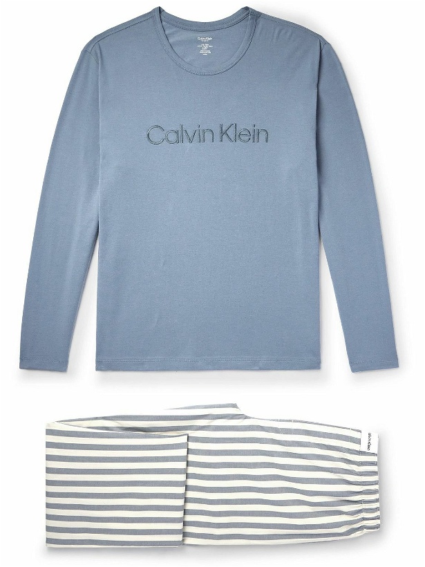Photo: Calvin Klein Underwear - Logo-Embroidered Striped Cotton-Blend Pyjama Set - Blue