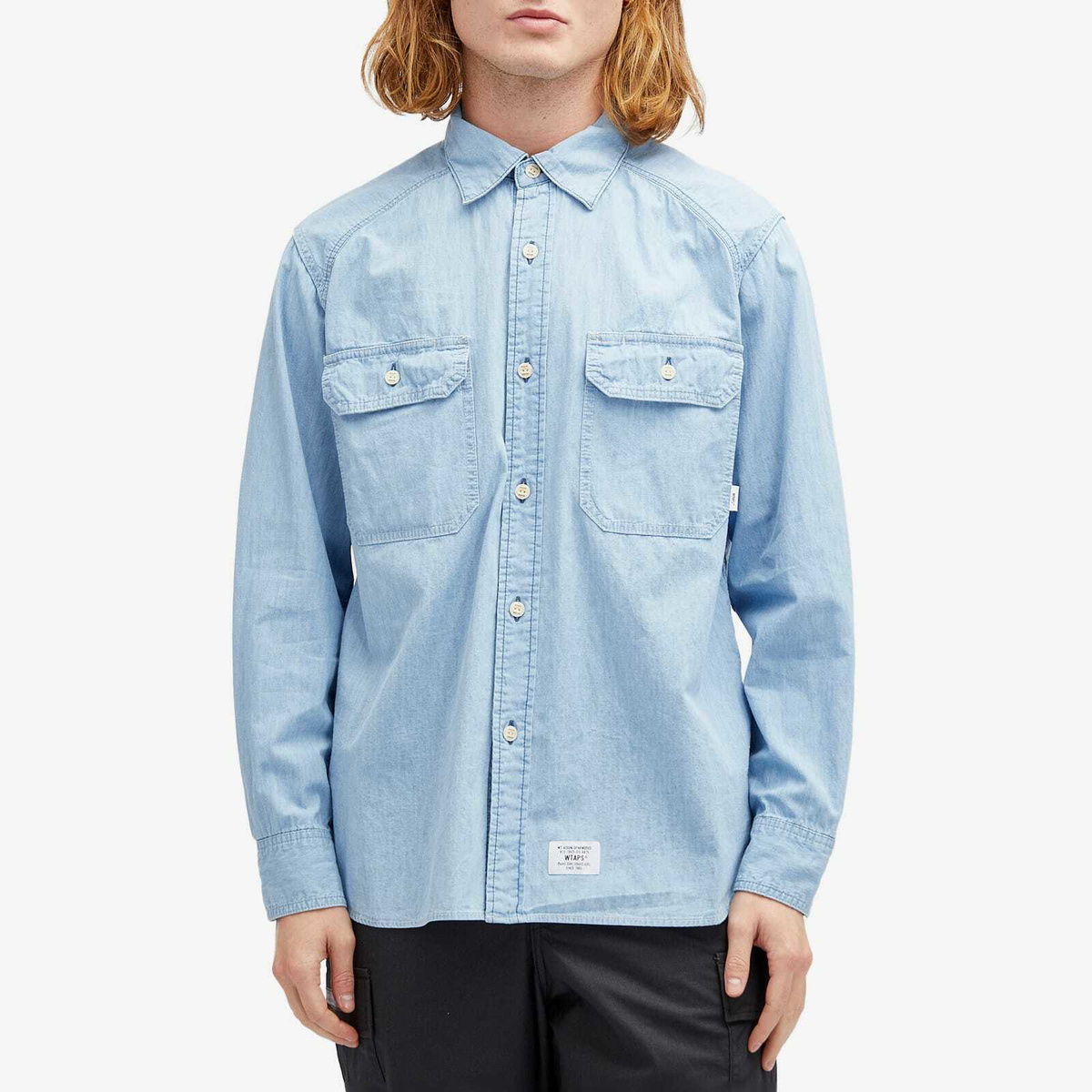 WTAPS Men's 11 Back Print Chambray Shirt in Indigo