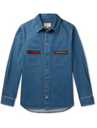 GUCCI - Horsebit Webbing-Trimmed Denim Shirt - Blue