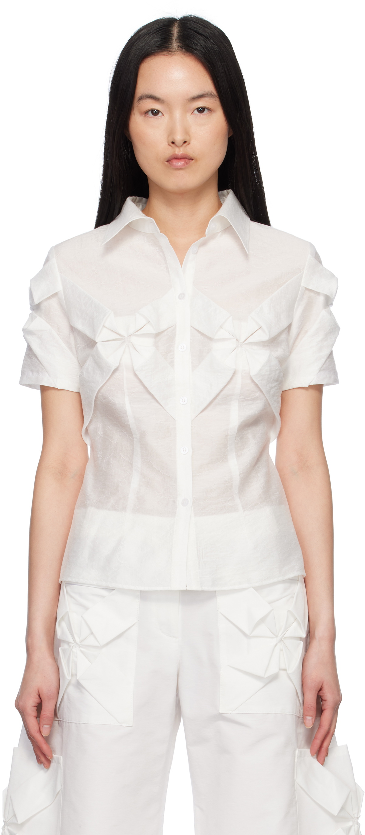 J.Kim White Smocked Flower Shirt