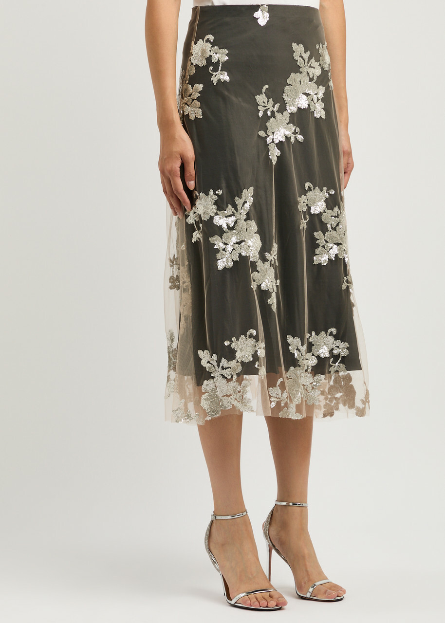 Marques' Almeida Floral Sequin-embellished Mesh Midi Skirt Silver