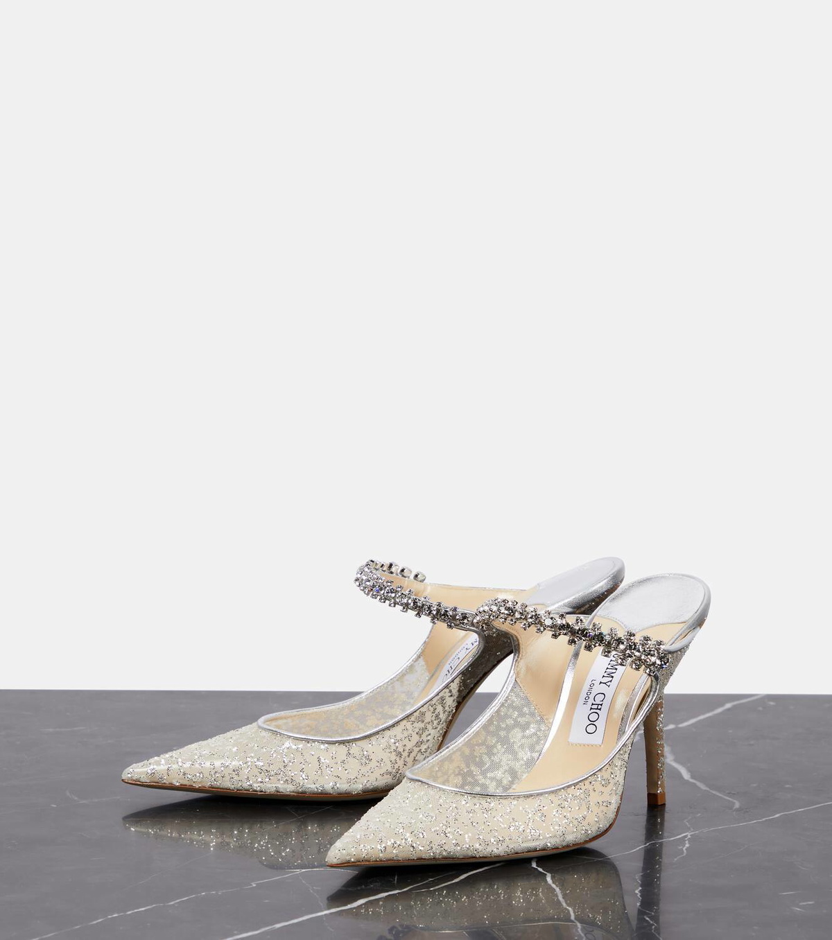 JIMMY CHOO ジミーチュウ Bing 100 Glitter Fabric M Bing 100 | Champagne Glitter Fabric Mules with Crystal Strap