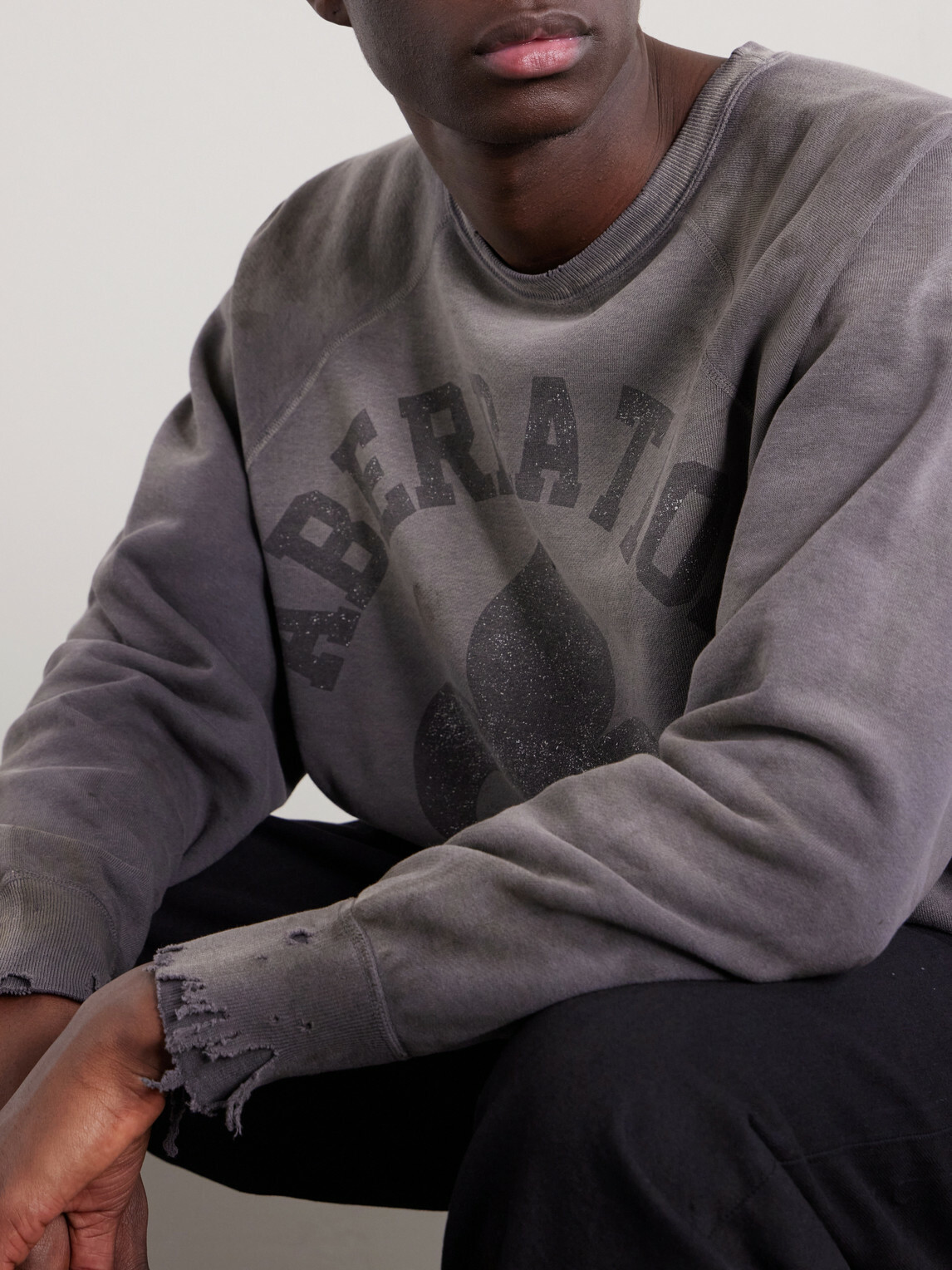 SAINT MXXXXXX - Abberation Distressed Printed Cotton-Jersey Sweater - Gray