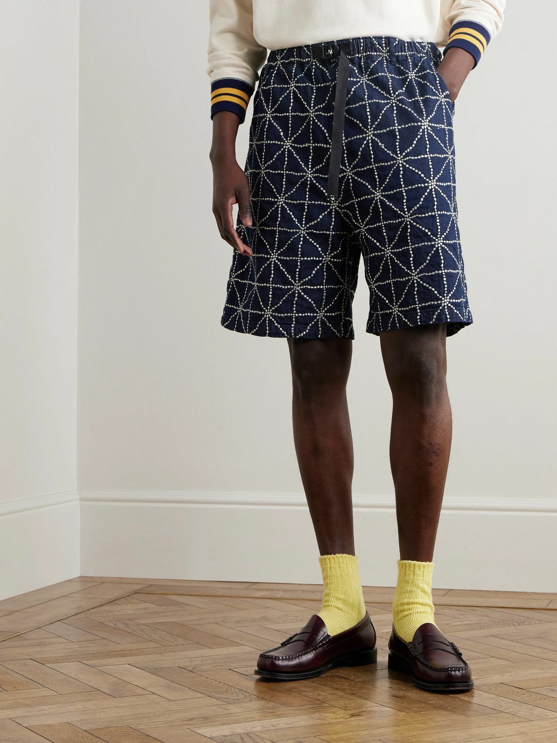 KAPITAL - Dojo Easy Wide-Leg Belted Embroidered Denim Shorts - Blue