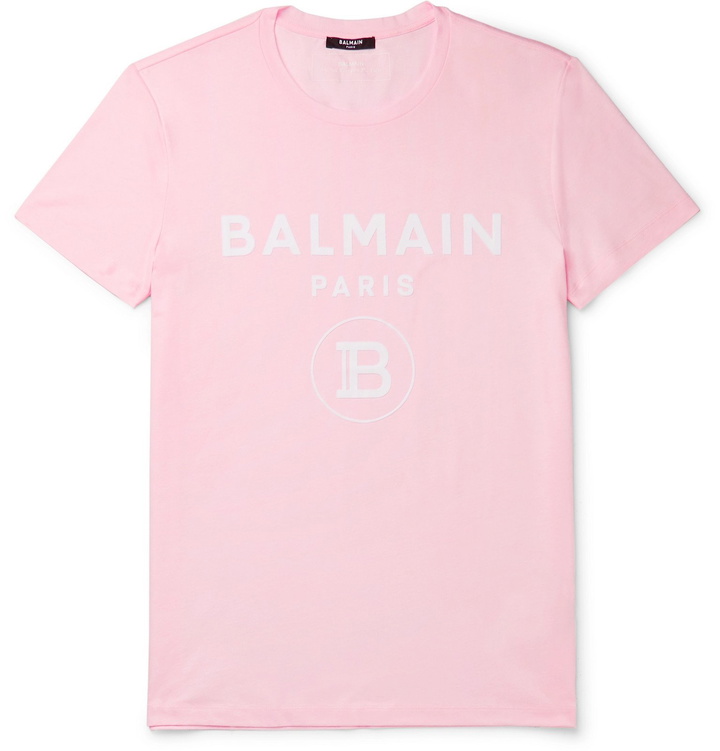 Photo: Balmain - Slim-Fit Logo-Flocked Cotton-Jersey T-Shirt - Pink