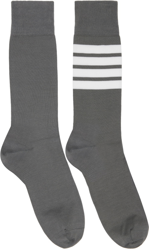 Photo: Thom Browne Gray Cotton 4-Bar Mid Calf Socks
