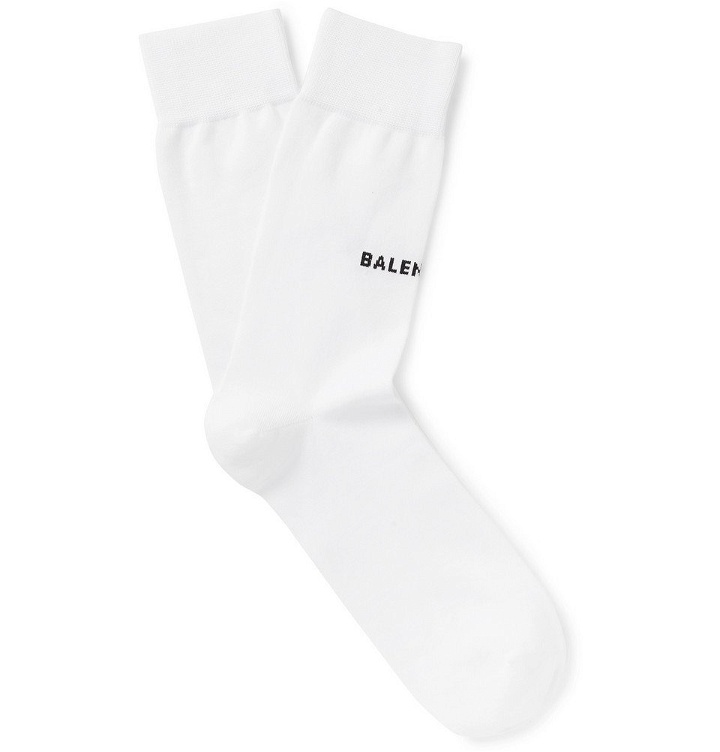 Photo: Balenciaga - Logo-Intarsia Stretch Cotton-Blend Socks - Men - White