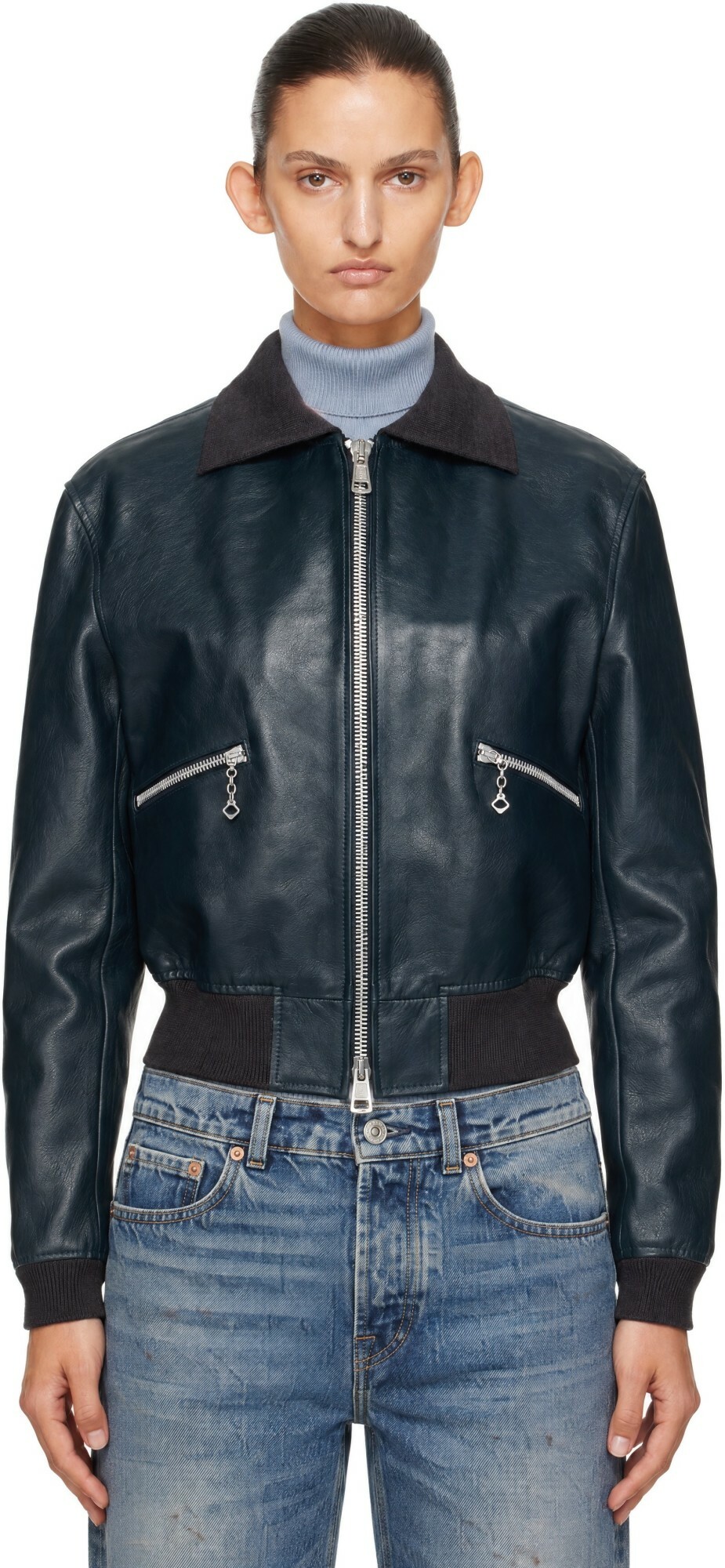 OUR LEGACY Navy Mini Leather Bomber Jacket
