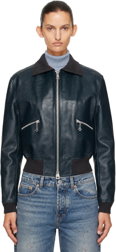 Photo: OUR LEGACY Navy Mini Leather Bomber Jacket