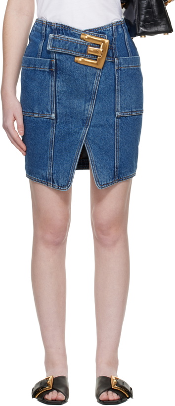 Photo: Balmain Blue Short Denim Belt Midi Skirt