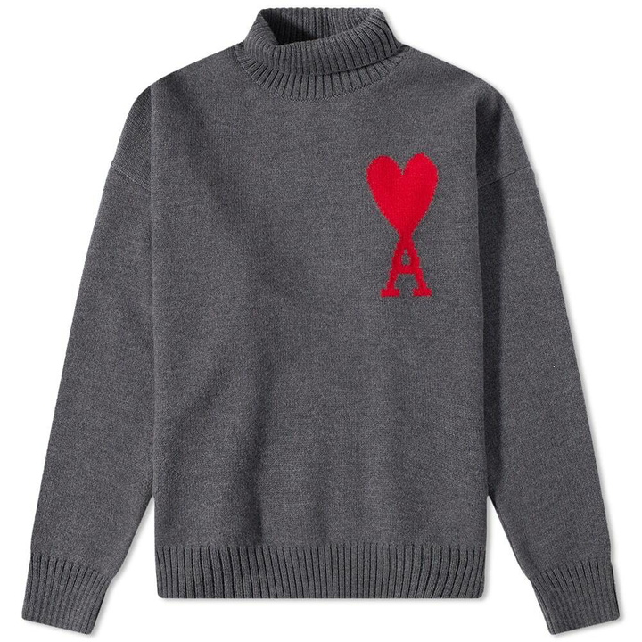 Photo: AMI Men's A Heart Roll Neck Knit in Grey/Red