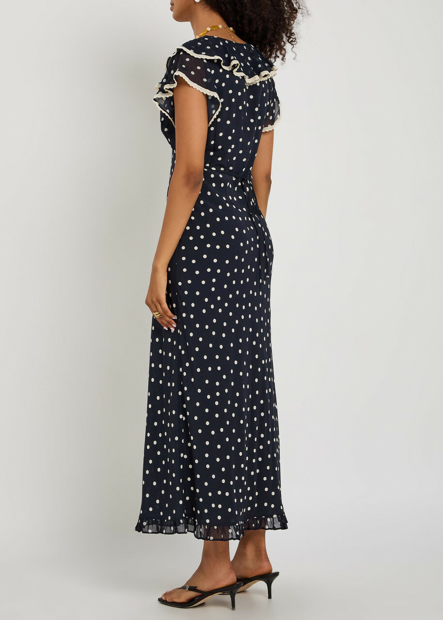 Rixo Bethea Polka dot Crepe de Chine Midi Dress Navy