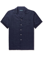 FRESCOBOL CARIOCA - Camp-Collar Linen Shirt - Blue