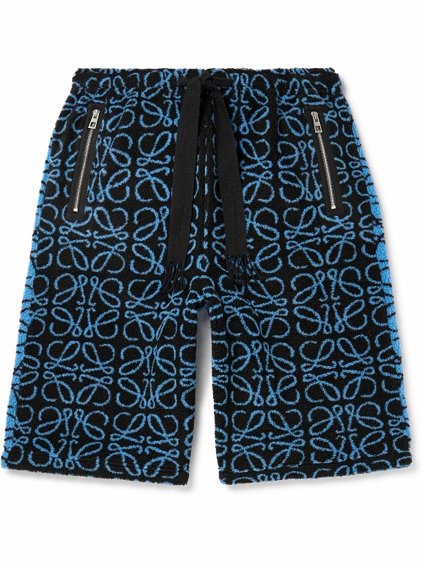 Photo: Loewe - Anagram Wide-Leg Logo-Jacquard Fleece Drawstring Shorts - Blue