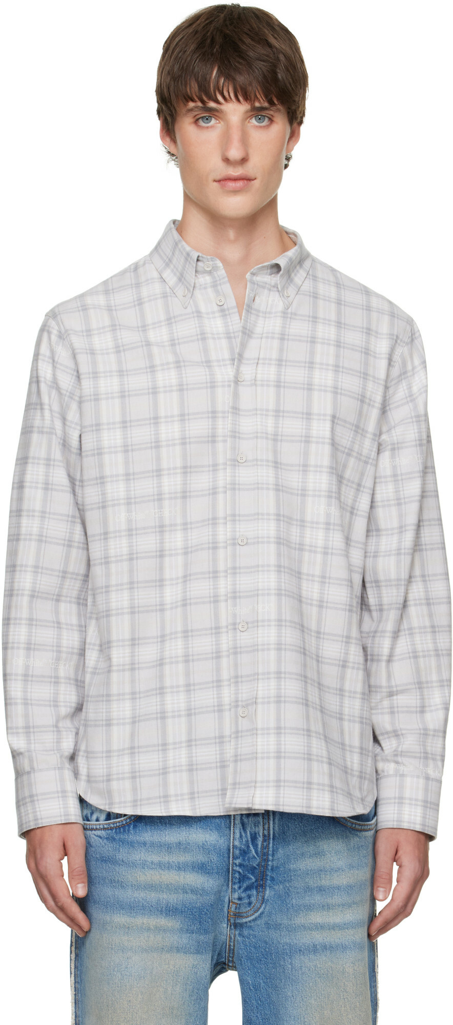 Off-White Gray Handstyle Logo Check Flannel Shirt
