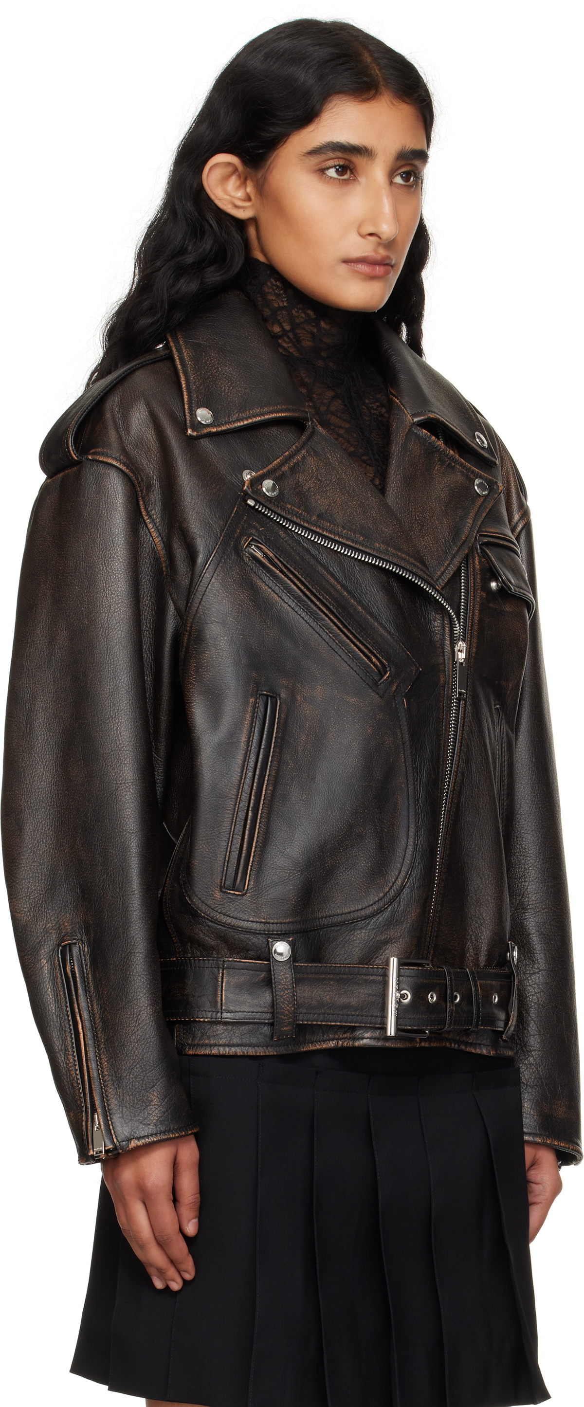 McQueen Brown Oversized Antiqued Leather Biker Jacket