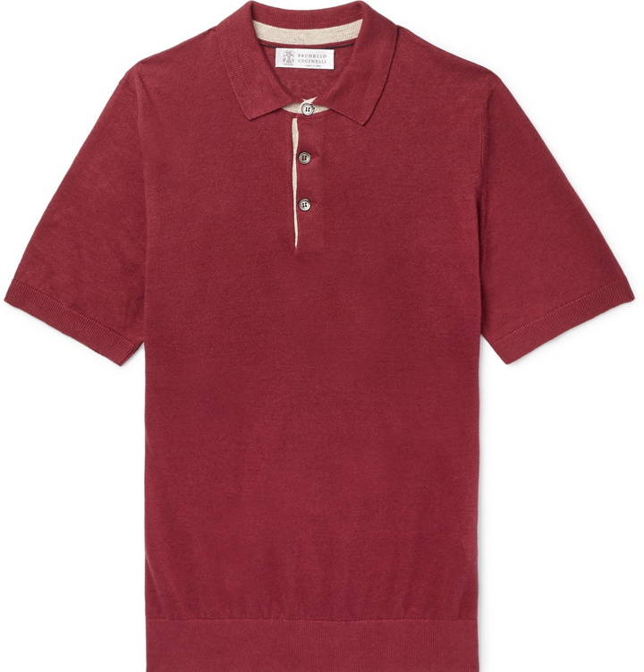 Photo: Brunello Cucinelli - Slim-Fit Knitted Mélange Linen and Cotton-Blend Polo Shirt - Burgundy