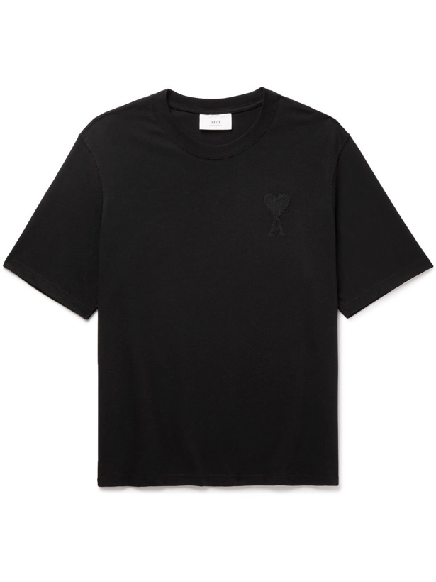 Photo: AMI PARIS - Logo-Embroidered Cotton-Jersey T-Shirt - Black