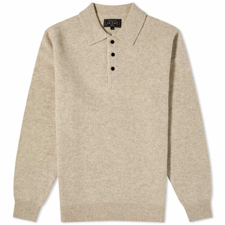 Photo: Beams Plus Men's Long Sleeve Knit Polo Shirt in Beige