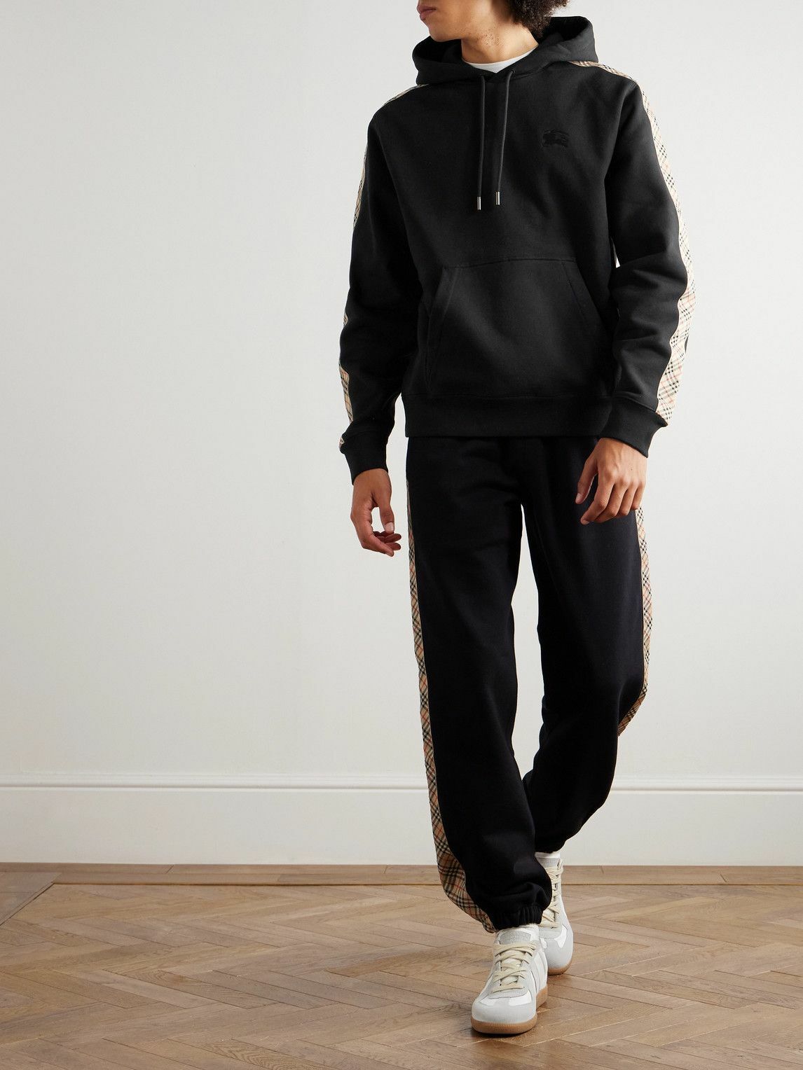 Burberry - Checked Logo-Embroidered Cotton-Jersey Hoodie - Black
