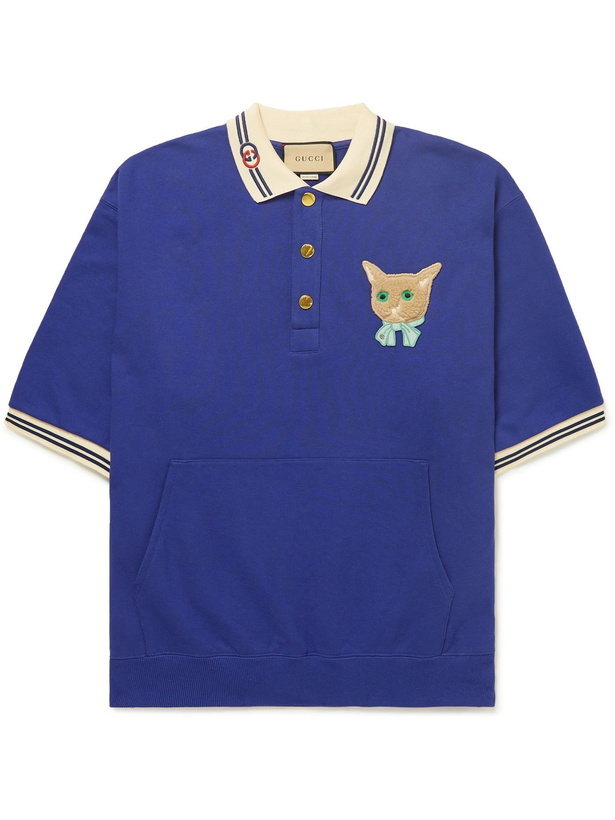 Photo: GUCCI - Appliquéd Cotton-Jersey Polo Shirt - Blue