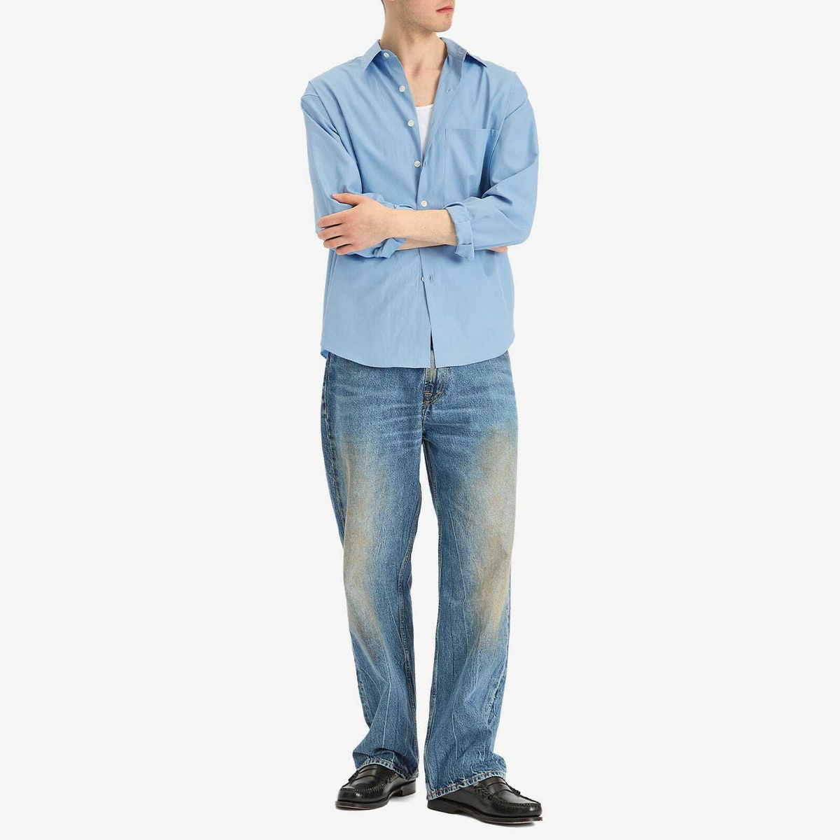 Auralee Men's Washed Finx Twill Big Shirt in Blue Auralee