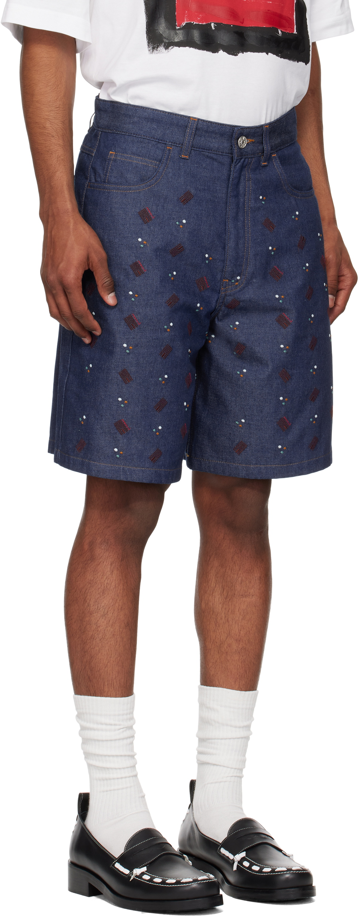 Marni Navy Embroidered Denim Shorts