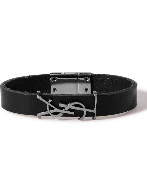 Photo: SAINT LAURENT - Logo-Detailed Silver-Tone and Leather Bracelet - Black
