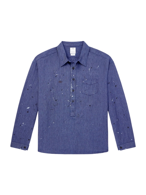 Photo: Visvim - Paint-Splattered Cotton and Silk-Blend Chambray Shirt - Blue