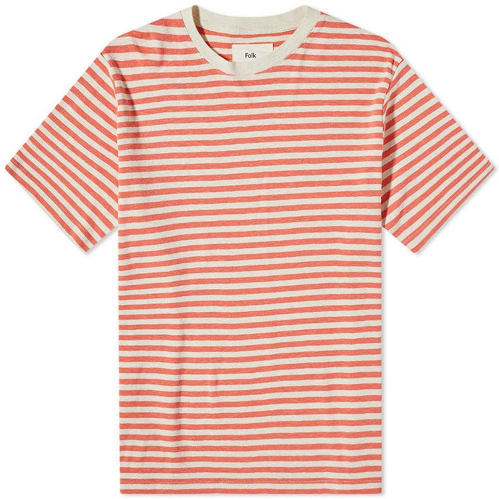 Photo: Folk Men's Classic Stripe T-Shirt in Tropical Pink/Ecru