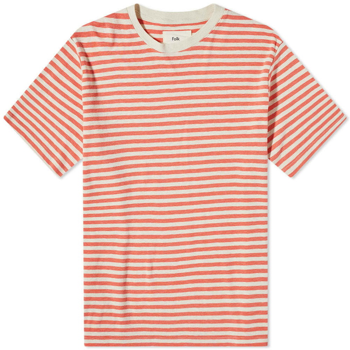 Photo: Folk Men's Classic Stripe T-Shirt in Tropical Pink/Ecru