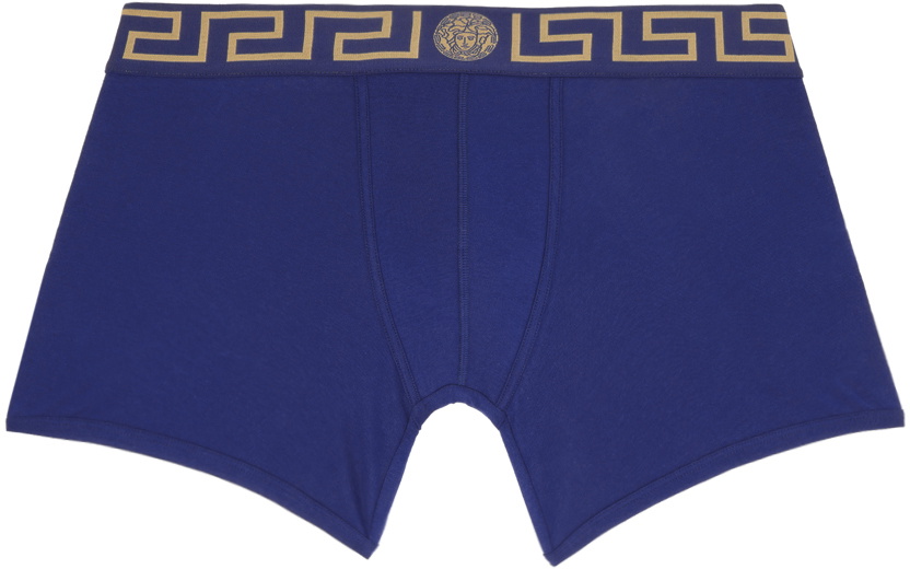 Versace Underwear Blue Greca Border Long Boxers Versace Underwear