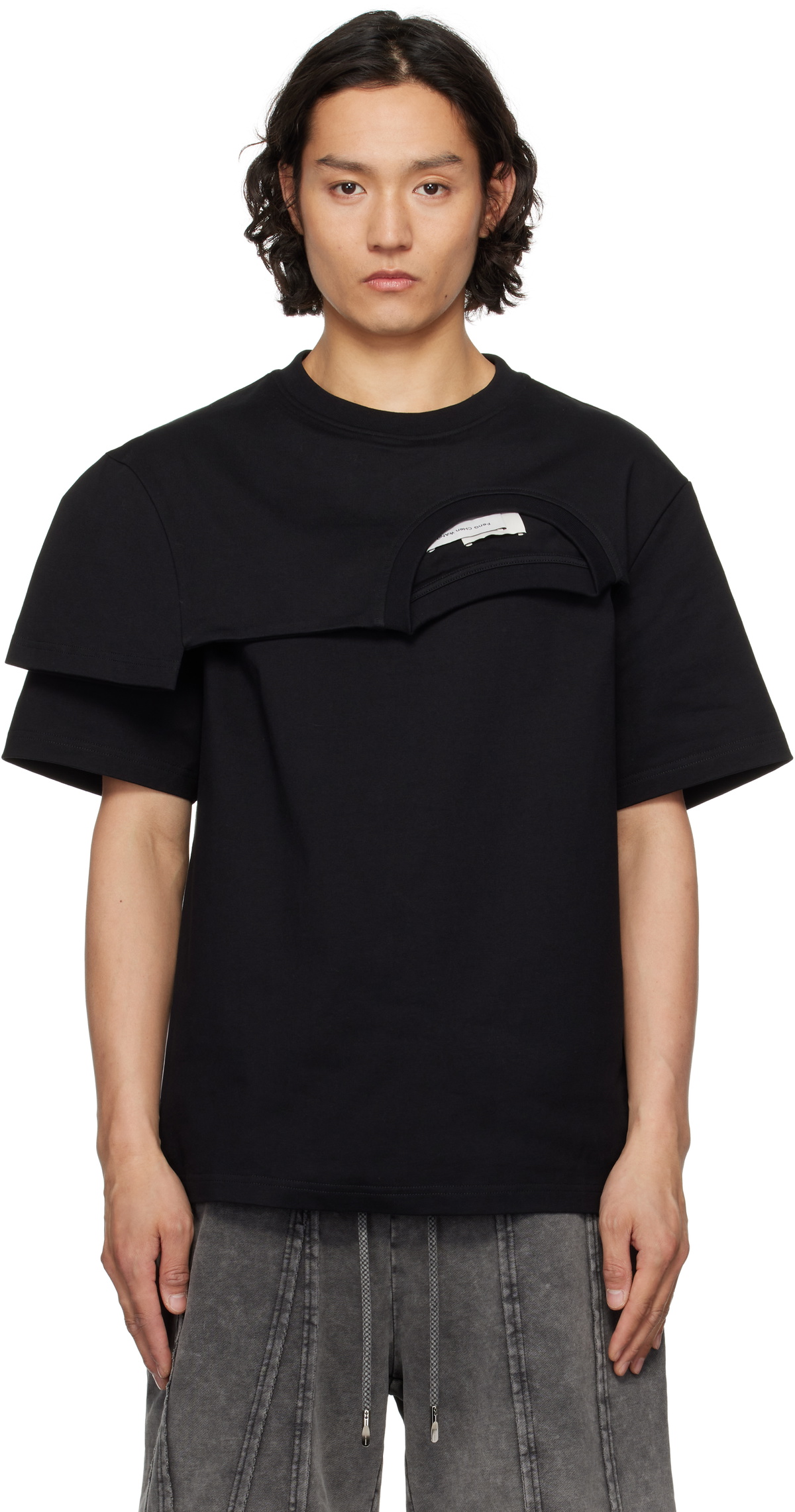 【関税込み】Feng Chen Wang Tシャツ Feng Chen Wang Black Double Neck T-Shirt Feng Chen Wang