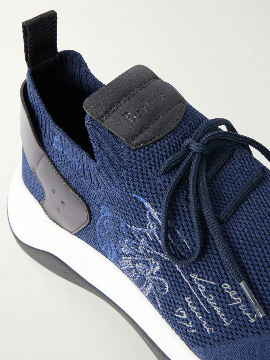 Berluti - Shadow Logo-Embroidered Leather-Trimmed Stretch-Knit Sneakers - Blue