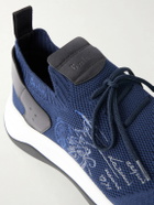 Berluti - Shadow Logo-Embroidered Leather-Trimmed Stretch-Knit Sneakers - Blue