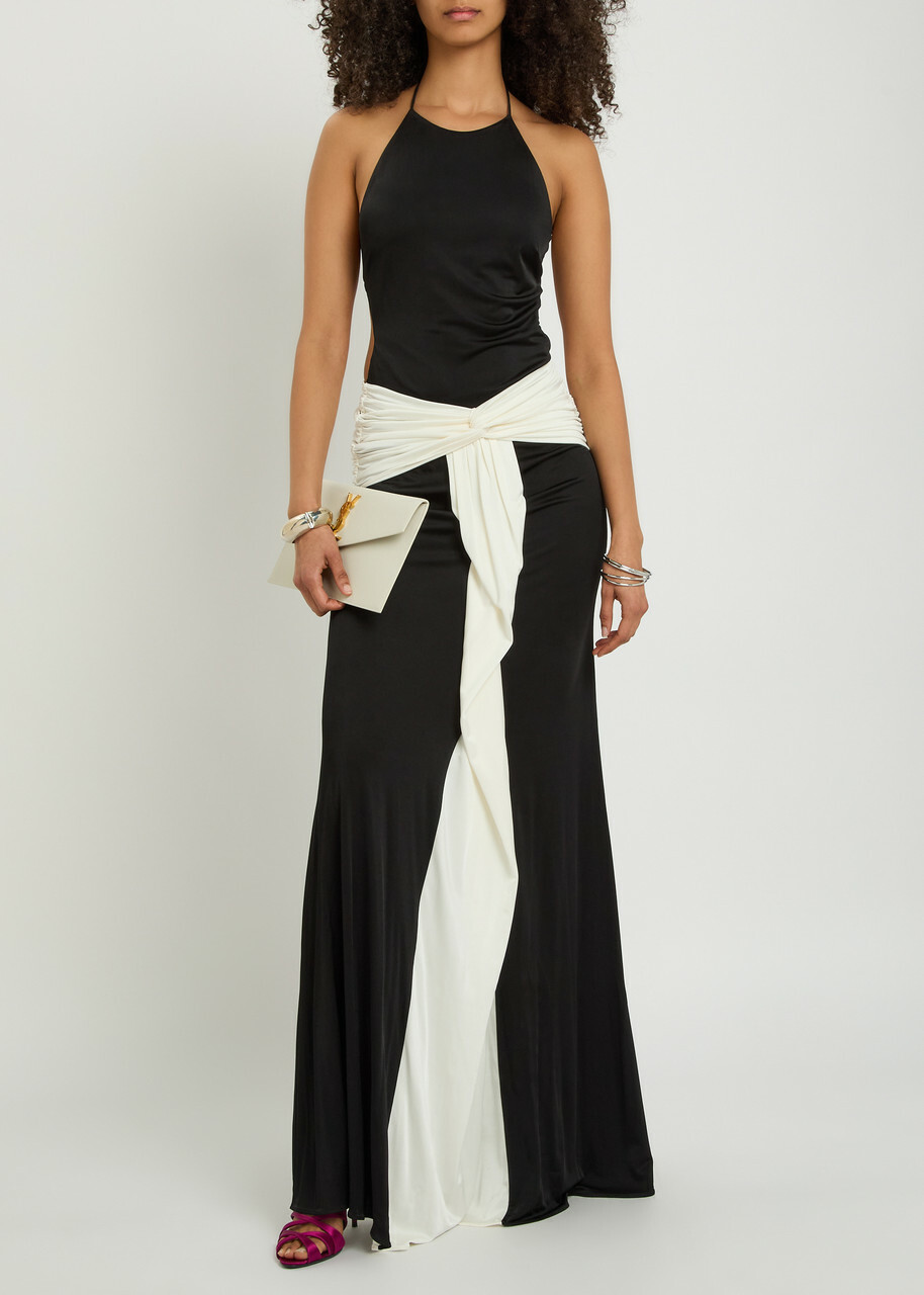 The New Arrivals Ilkyaz Ozel Euphorie Colour-block Ruched Stretch-jersey Maxi Dress Black And White