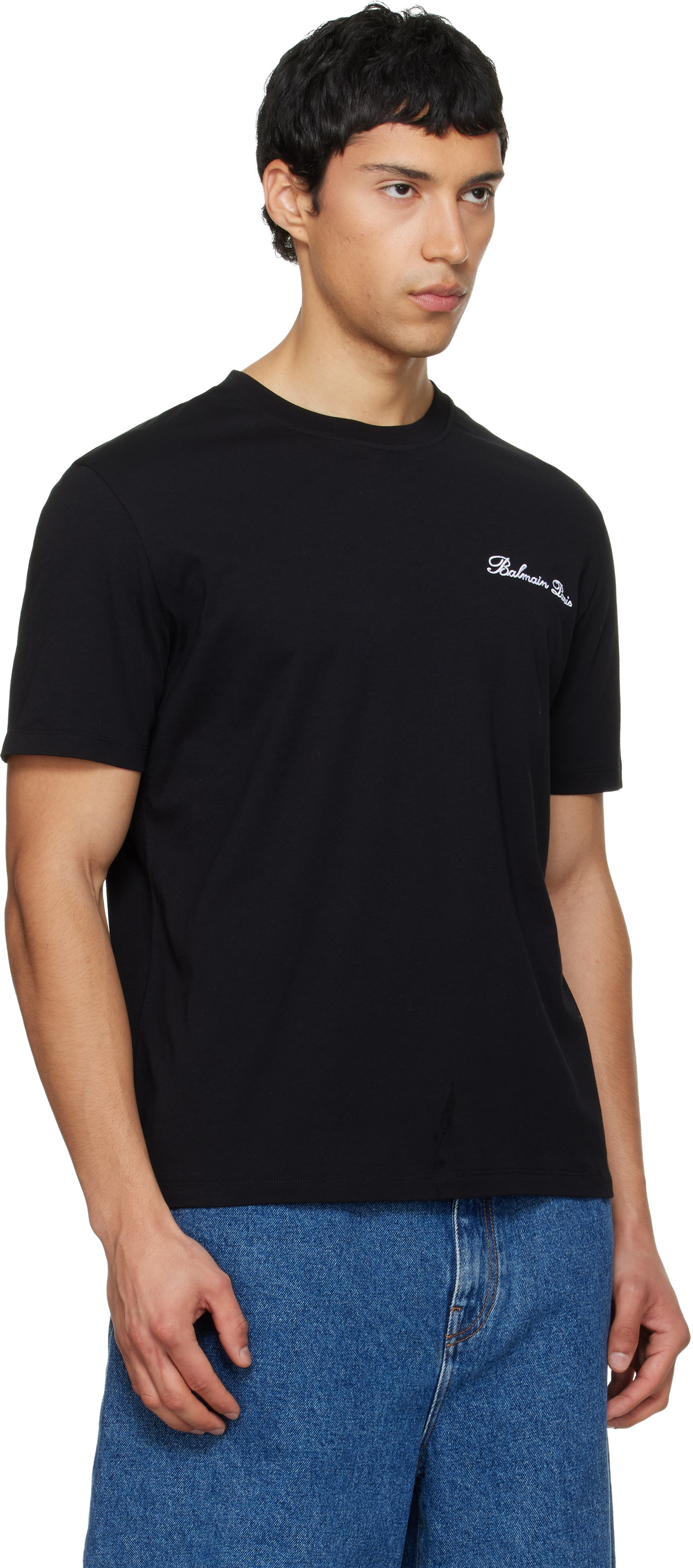 Balmain Black Embroidered 'Balmain' Signature T-shirt