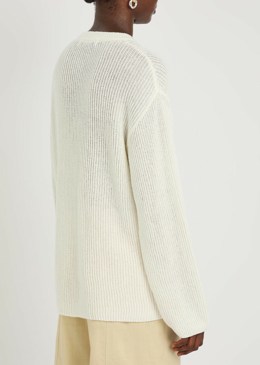 Another Tomorrow Open-knit Cotton and Linen-blend Jumper Off White