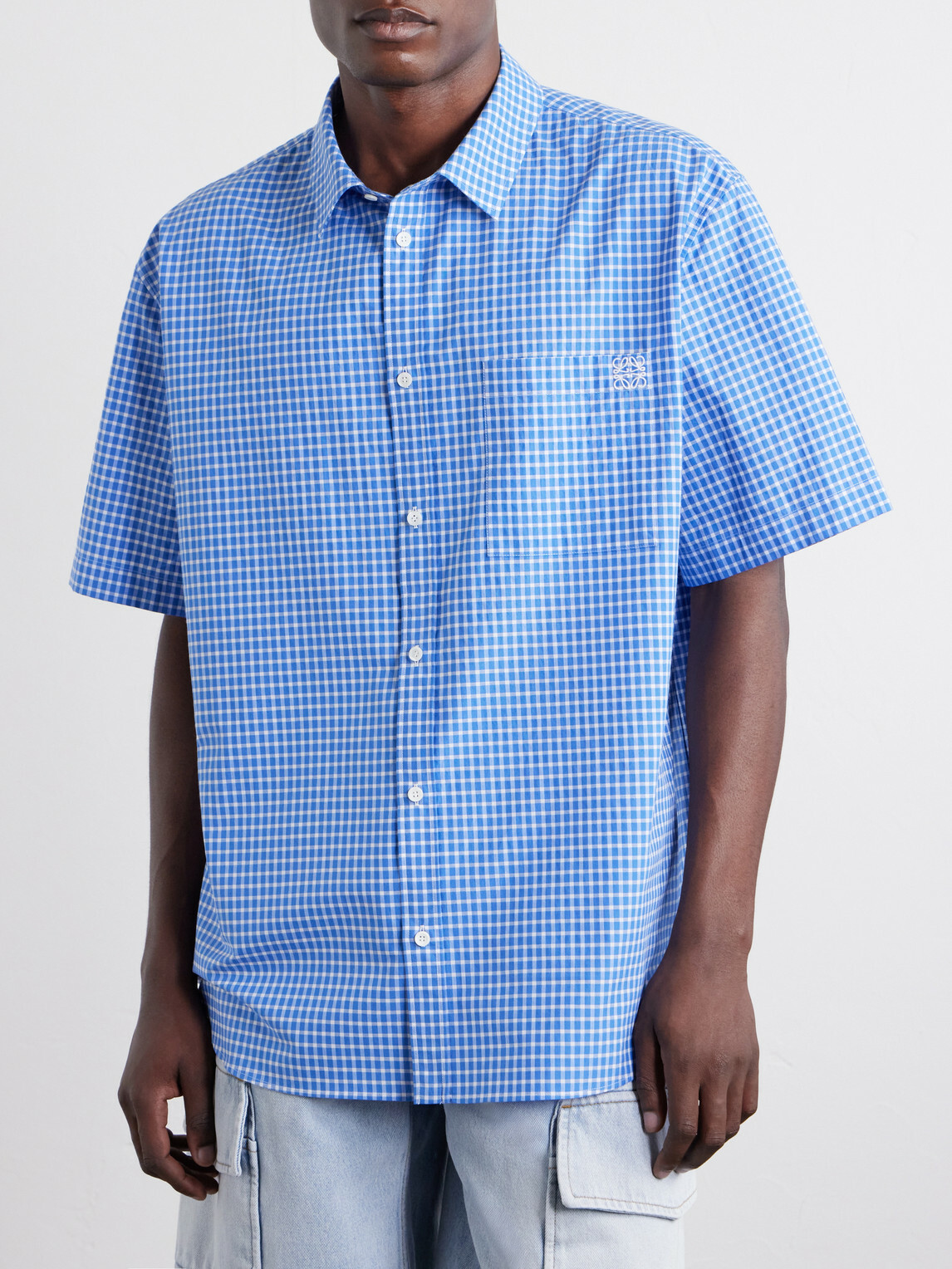 LOEWE - Paula's Ibiza Logo-Embroidered Checked Cotton-Poplin Shirt - Blue