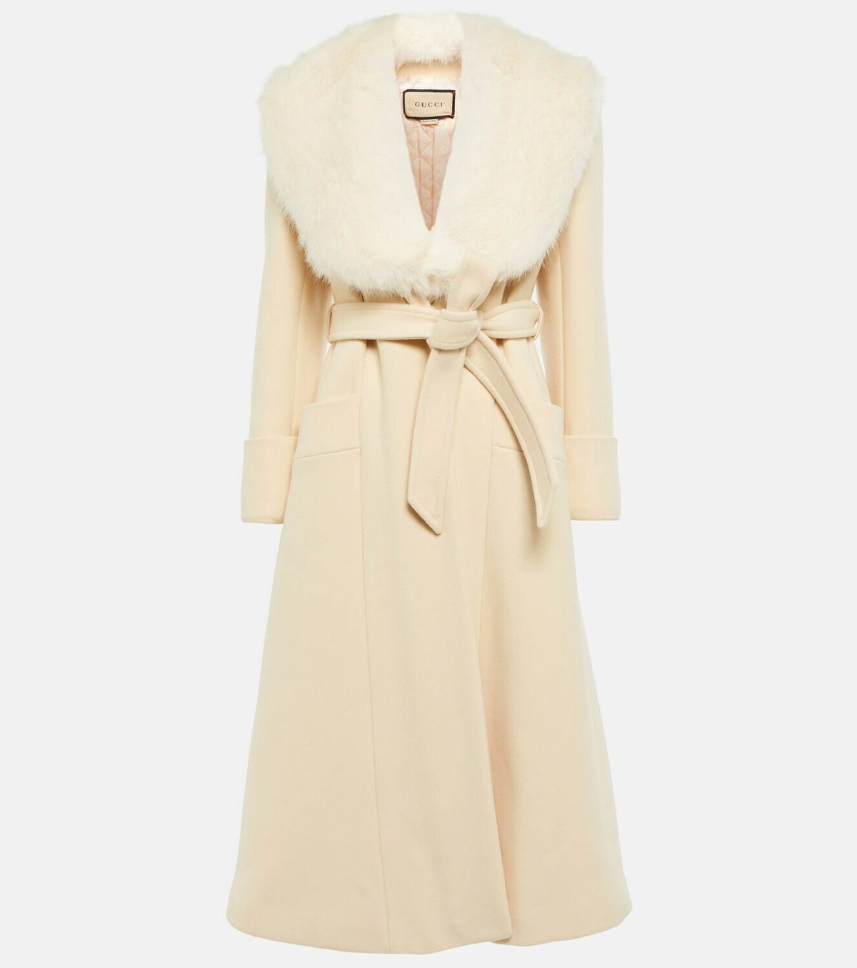 Gucci - Faux fur-trimmed belted wool coat Gucci