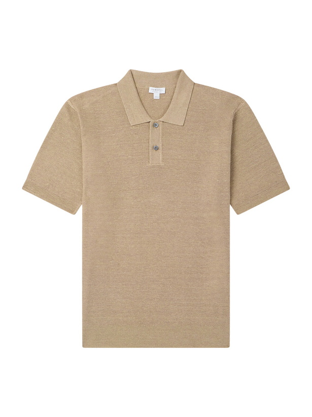 Photo: Sunspel - Honeycomb-Knit Linen and Silk-Blend Polo Shirt - Neutrals