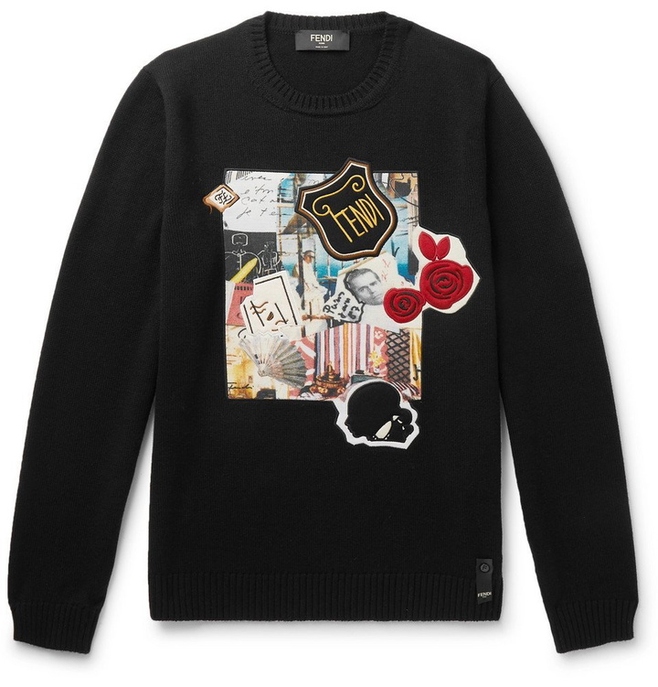 Photo: Fendi - Slim-Fit Appliquéd Wool Sweater - Black